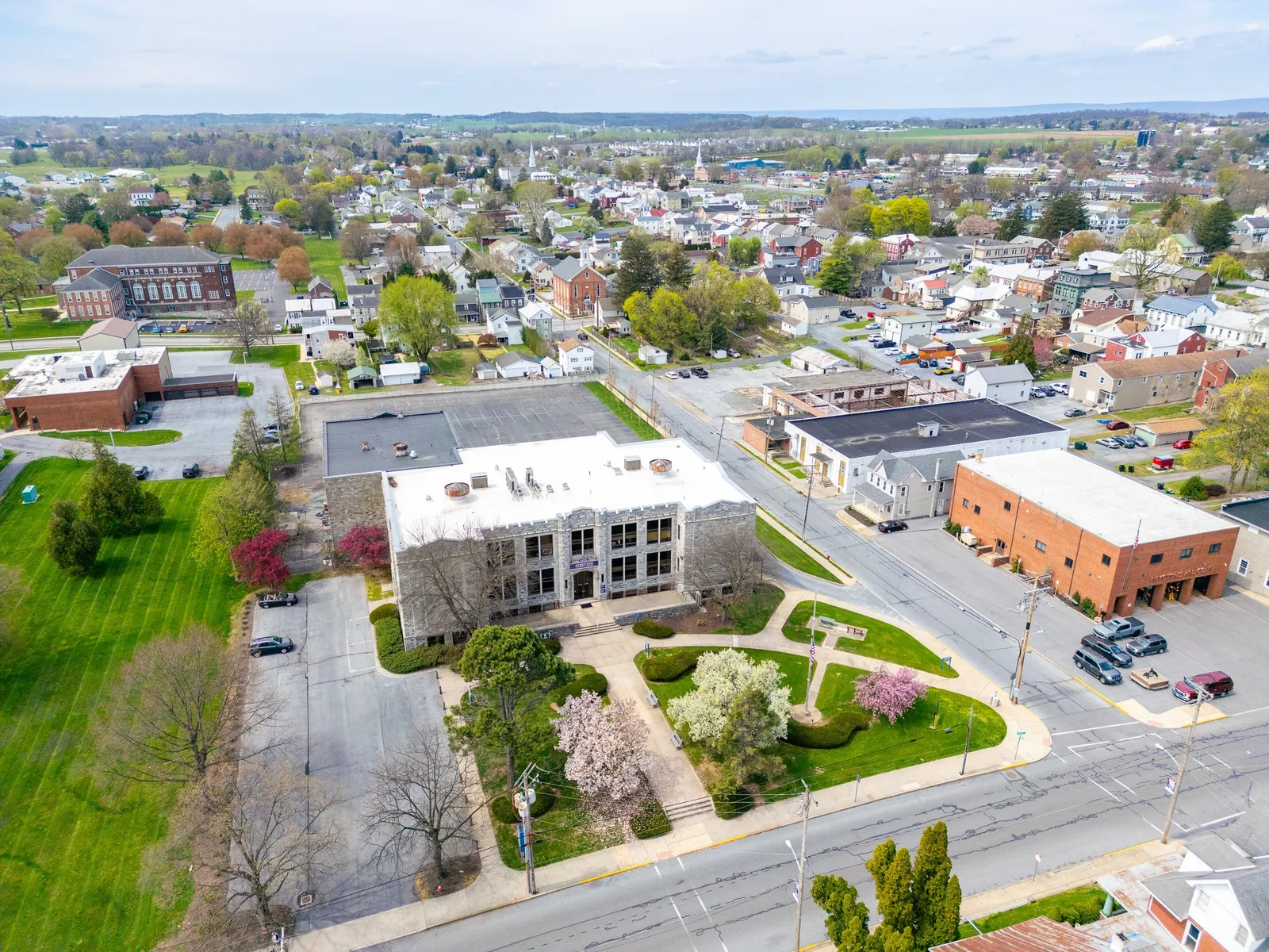 An aerial view of a small town and its neighbourhoods