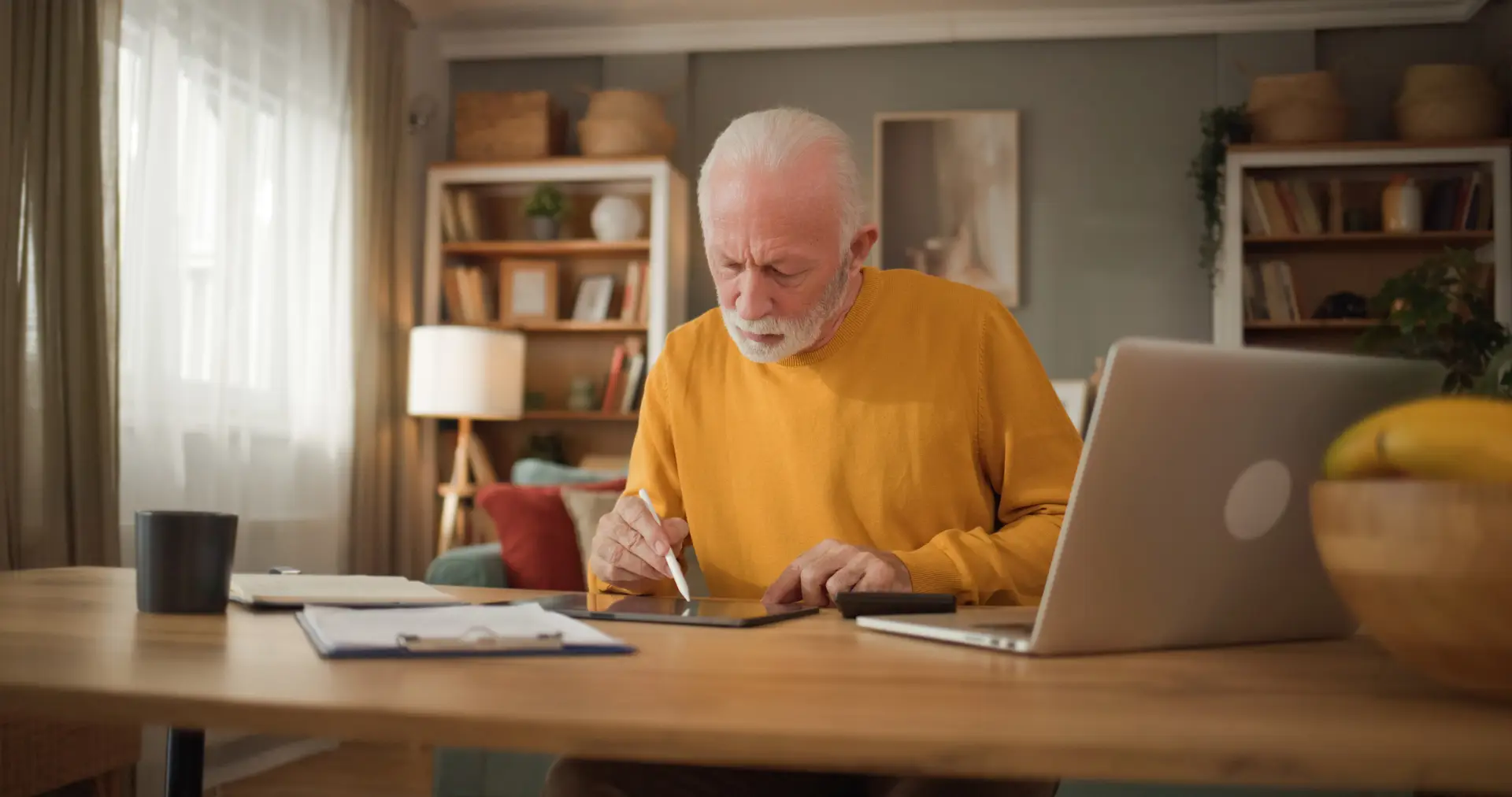 An older man at a desk with a laptop and tablet, searching online